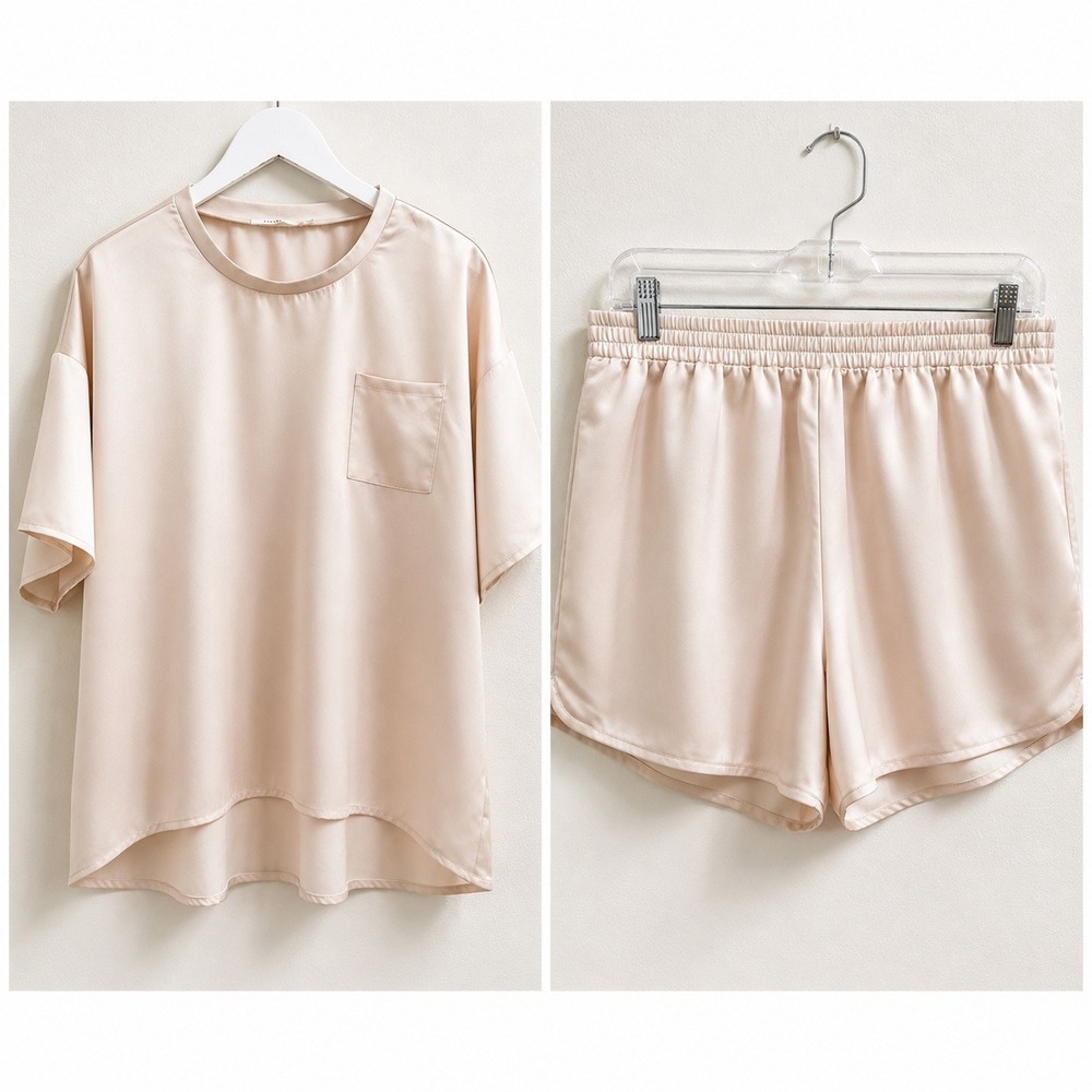 Ellison Satin Pajama Set SS Top and Shorts Beige Size Large Neutral Comfy Soft